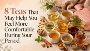 Assorted herbal teas with ginger, chamomile, mint, cinnamon and a hot water bottle for period comfort.