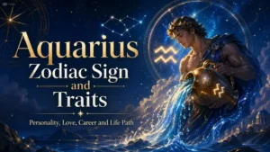 Aquarius zodiac sign cover with a celestial Water Bearer, flowing luminous water, blue cosmic background, Aquarius symbol, constellation details, and text about personality, love, career, and life path.