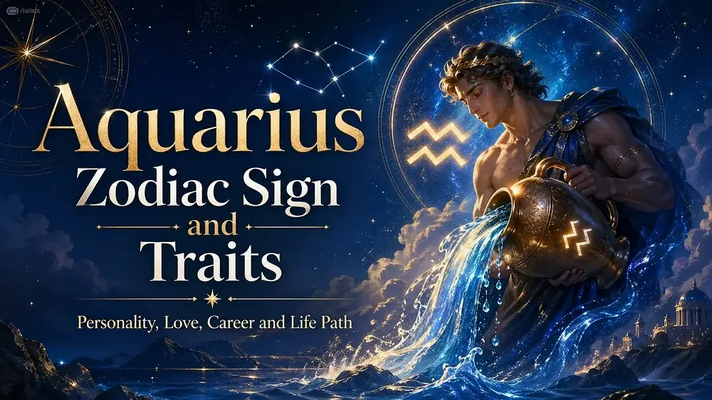 Aquarius zodiac sign cover with a celestial Water Bearer, flowing luminous water, blue cosmic background, Aquarius symbol, constellation details, and text about personality, love, career, and life path.