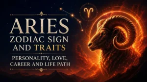 Aries zodiac sign cover with a glowing ram, fiery space background, Aries symbol, constellation details, and text about personality, love, career, and life path.