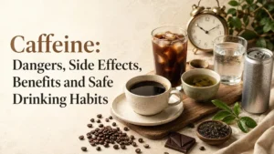 Coffee, tea, iced caffeine drink, water, chocolate and alarm clock arranged for an article about caffeine benefits and side effects.