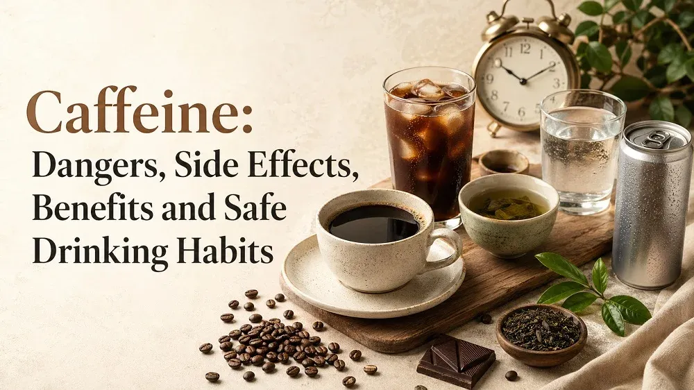 Coffee, tea, iced caffeine drink, water, chocolate and alarm clock arranged for an article about caffeine benefits and side effects.