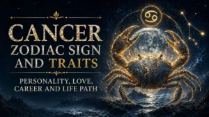 Cancer zodiac sign cover with a glowing crab, moonlit cosmic background, Cancer symbol, constellation details, and text about personality, love, career, and life path.