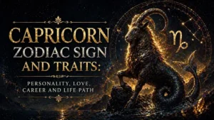 Capricorn zodiac sign cover with a majestic sea-goat, dark cosmic background, Capricorn symbol, constellation details, and text about personality, love, career, and life path.