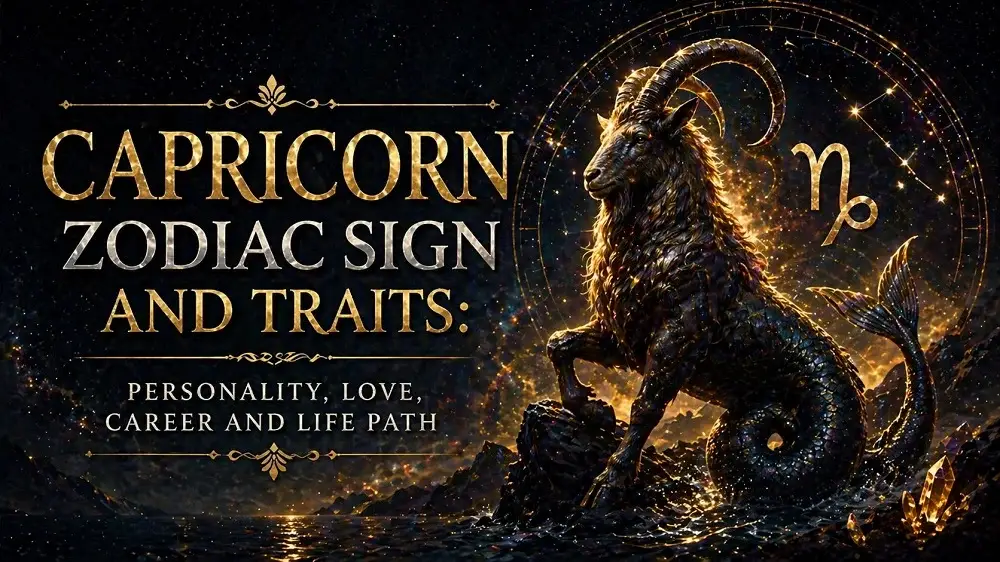 Capricorn zodiac sign cover with a majestic sea-goat, dark cosmic background, Capricorn symbol, constellation details, and text about personality, love, career, and life path.