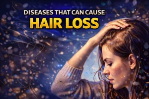 Woman touching thinning hair on her scalp with the text Diseases That Can Cause Hair Loss in the background.