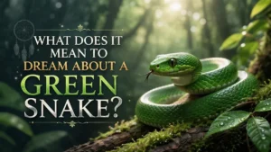 Green snake in a dreamy forest representing the meaning of dreaming about a green snake