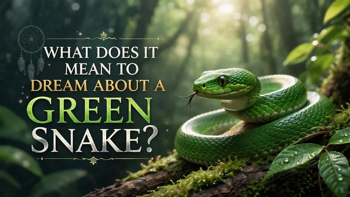 Green snake in a dreamy forest representing the meaning of dreaming about a green snake
