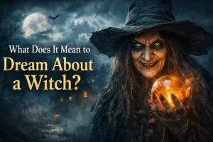 Dream about a witch meaning concept with a scary witch holding a glowing orb in a dark forest at night