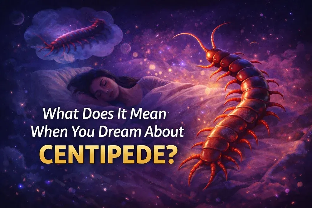 A woman sleeping while dreaming of a large centipede in a mystical night sky with glowing lights and surreal atmosphere.