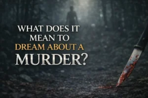 What Does It Mean to Dream About Murder image showing a dark forest with a bloody knife and mysterious silhouette representing fear and inner conflict in dreams