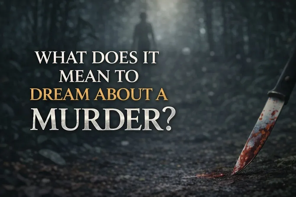 What Does It Mean to Dream About Murder image showing a dark forest with a bloody knife and mysterious silhouette representing fear and inner conflict in dreams