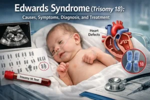 Medical illustration of Edwards Syndrome (Trisomy 18) showing baby, ultrasound, chromosome 18 abnormality, heart defects, and diagnostic blood test.