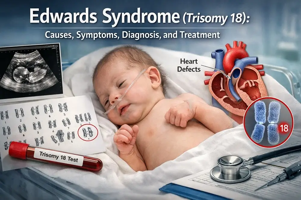 Medical illustration of Edwards Syndrome (Trisomy 18) showing baby, ultrasound, chromosome 18 abnormality, heart defects, and diagnostic blood test.