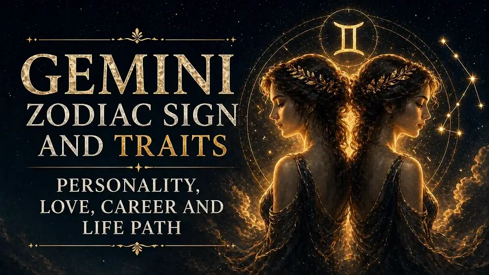 Gemini zodiac sign cover with mirrored twin figures, golden cosmic background, Gemini symbol, constellation details, and text about personality, love, career, and life path.