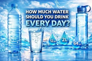 Water bottles, a glass of water, and hydration measurement icons with the text How Much Water Should You Drink Every Day?