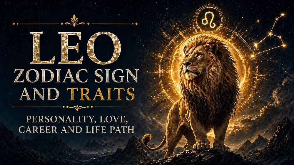 Leo zodiac sign cover with a majestic lion, golden cosmic background, Leo symbol, constellation details, and text about personality, love, career, and life path.