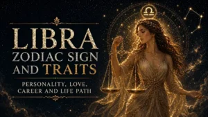 Libra zodiac sign cover with a celestial figure holding golden scales, golden cosmic background, Libra symbol, constellation details, and text about personality, love, career, and life path.