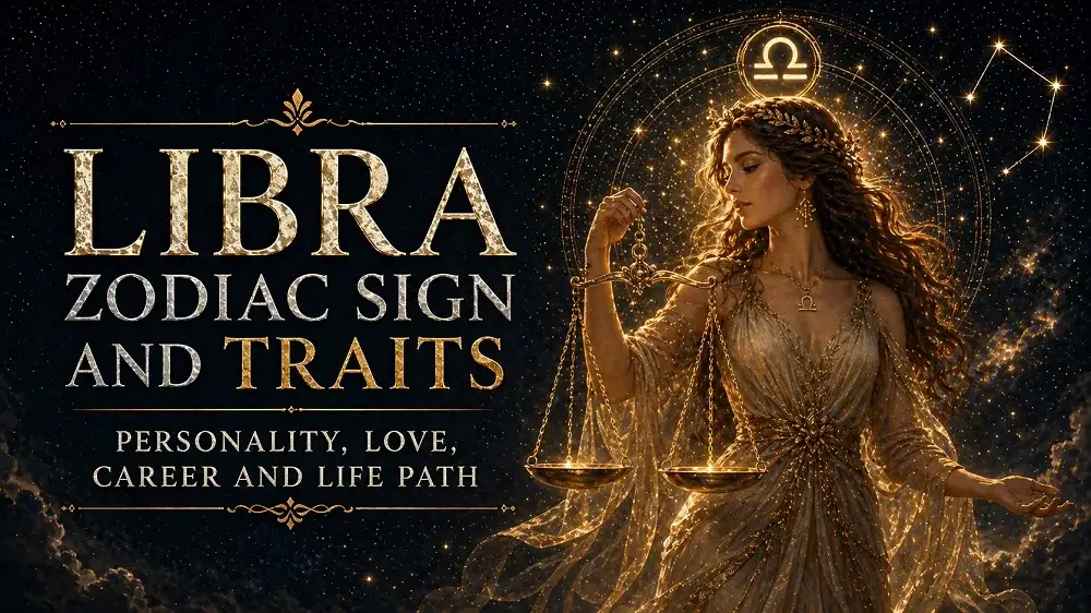 Libra zodiac sign cover with a celestial figure holding golden scales, golden cosmic background, Libra symbol, constellation details, and text about personality, love, career, and life path.