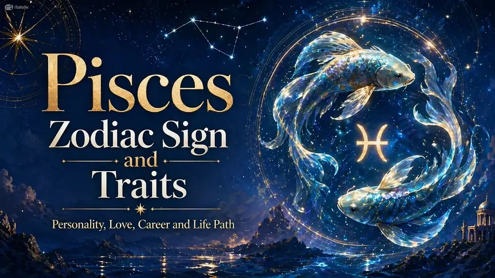 Pisces zodiac sign cover with two luminous fish, deep blue cosmic background, Pisces symbol, constellation details, and text about personality, love, career, and life path.