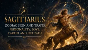 Sagittarius zodiac sign cover with a celestial archer, golden cosmic background, Sagittarius symbol, constellation details, and text about personality, love, career, and life path.