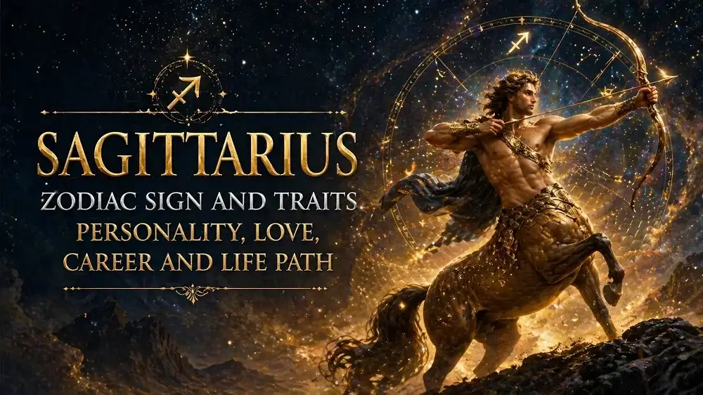 Sagittarius zodiac sign cover with a celestial archer, golden cosmic background, Sagittarius symbol, constellation details, and text about personality, love, career, and life path.