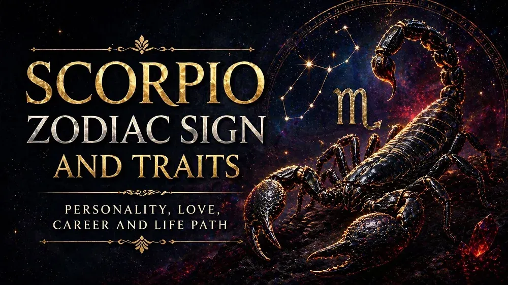 Scorpio zodiac sign cover with a glowing scorpion, dark cosmic background, Scorpio symbol, constellation details, and text about personality, love, career, and life path.