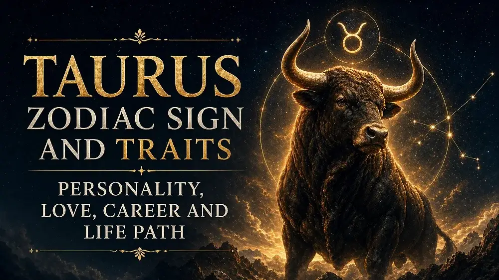 Taurus zodiac sign cover with a powerful bull, golden cosmic background, Taurus symbol, constellation details, and text about personality, love, career, and life path.