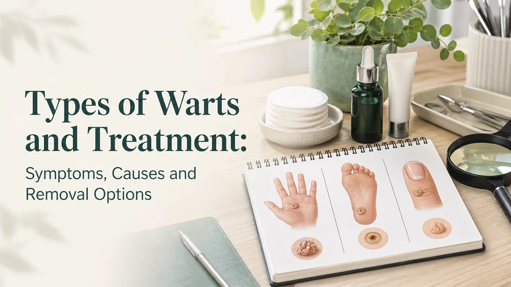 Dermatology desk with wart type illustrations, treatment products, cotton pads and magnifying glass for a guide about wart types and treatment.