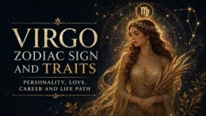 Virgo zodiac sign cover with a celestial maiden, golden wheat, Virgo symbol, starry cosmic background, constellation details, and text about personality, love, career, and life path.