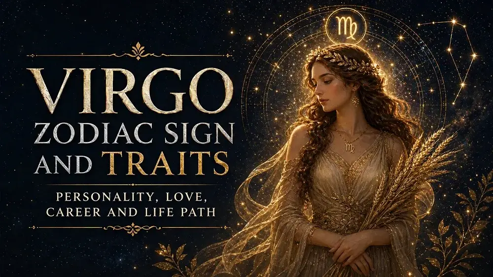Virgo zodiac sign cover with a celestial maiden, golden wheat, Virgo symbol, starry cosmic background, constellation details, and text about personality, love, career, and life path.