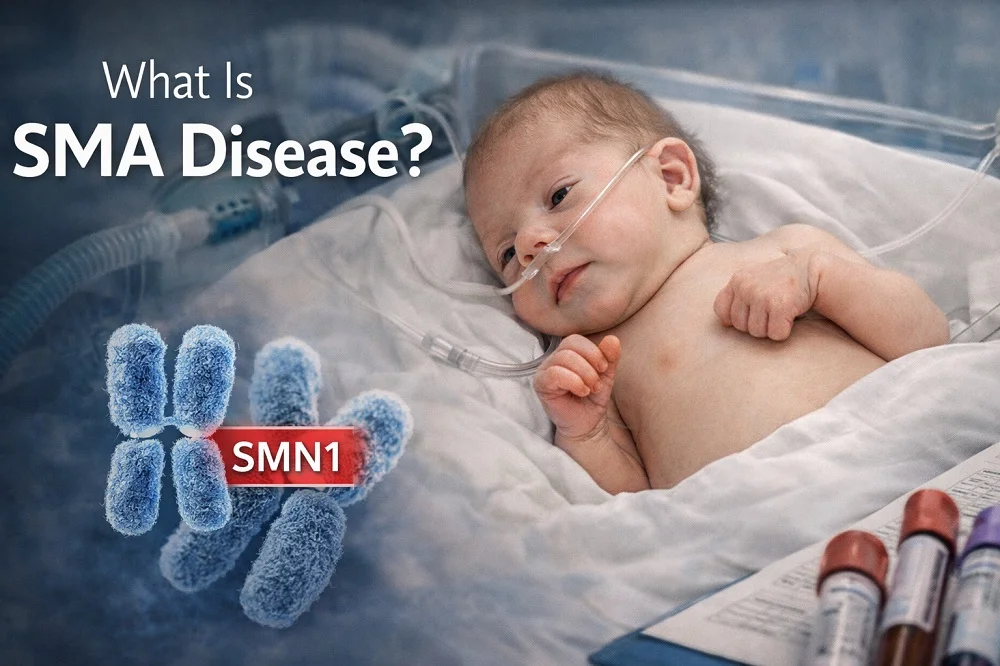 Medical illustration of SMA disease showing baby in hospital bed, SMN1 gene chromosome graphic, and healthcare testing equipment.